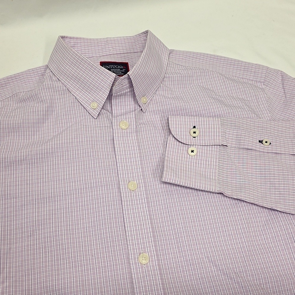 UNTUCKit Button Down Shirt Mens Medium Lavender Slim‎ Fit Wrinkle Free Check